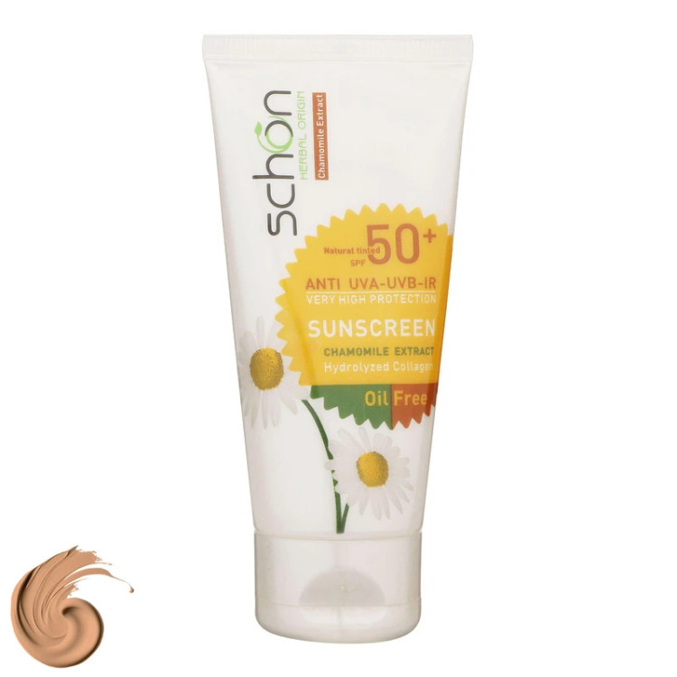 کرم ضدآفتاب رنگی فاقد چربی شون مدل SPF50 حجم 50 میلیلیتر محافظت کامل در برابر UVA و UVB، حاوی عصاره بابونه، پوشش طبیعی و مات، مناسب پوست چرب و ضد لک