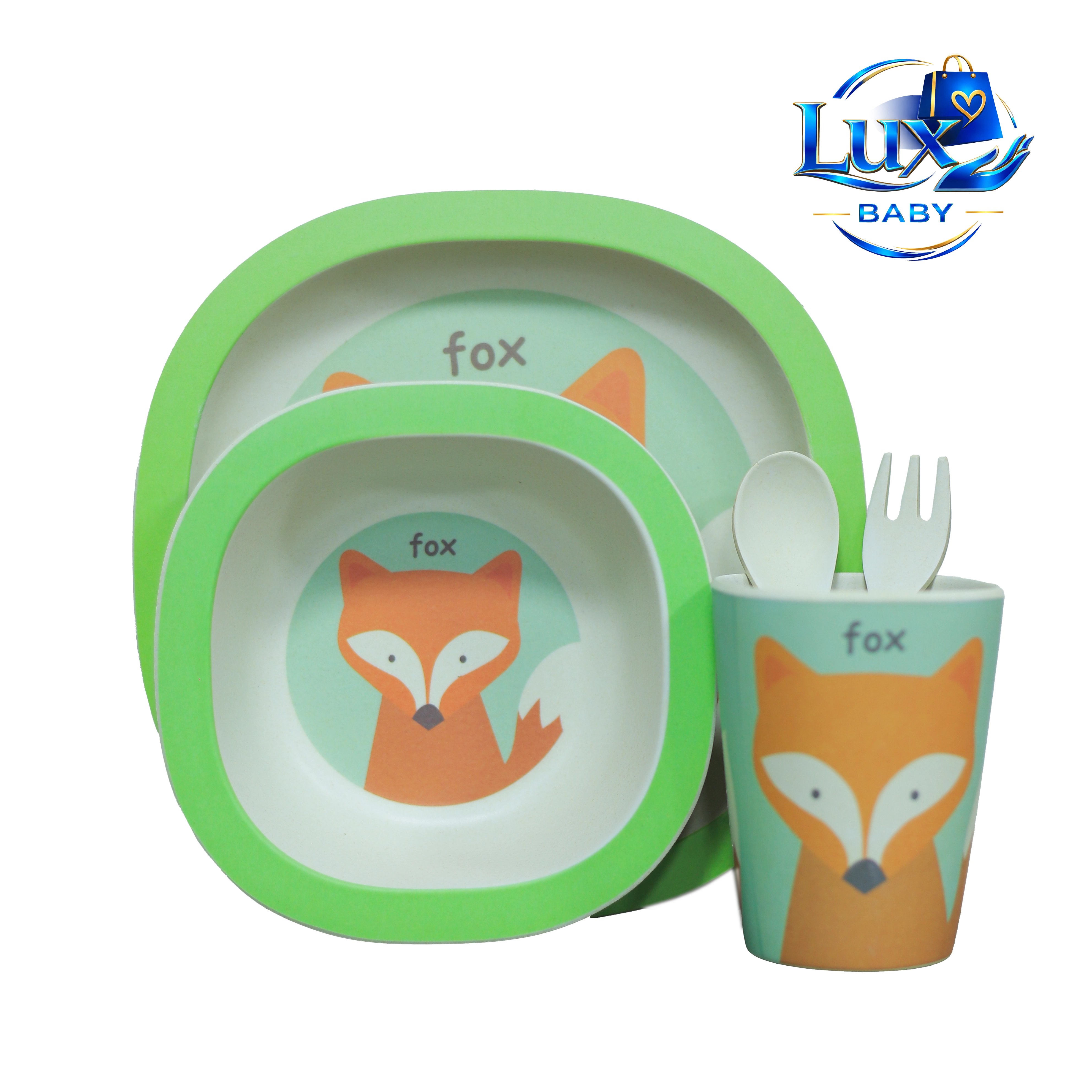 ست ۵ تکه ظرف غذای کودک و نوزاد بامبو اصل (کاملا گیاهی) مدل فایبر طرح روباه fox