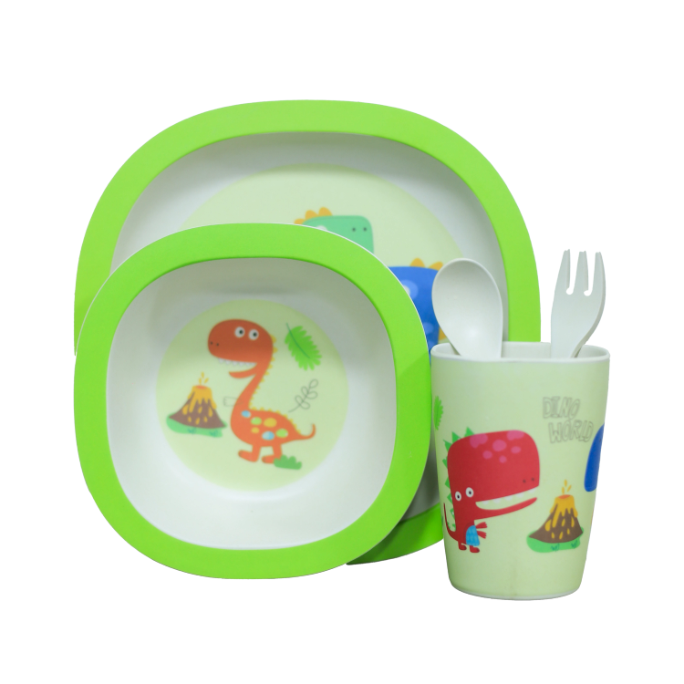 ست ۵ تکه ظرف غذای کودک و نوزاد بامبو اصل (کاملا گیاهی) مدل فایبر طرح دایناسورهای رنگی
